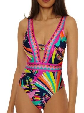 Trina Turk Navy Multicolor Tropical Print Skirt